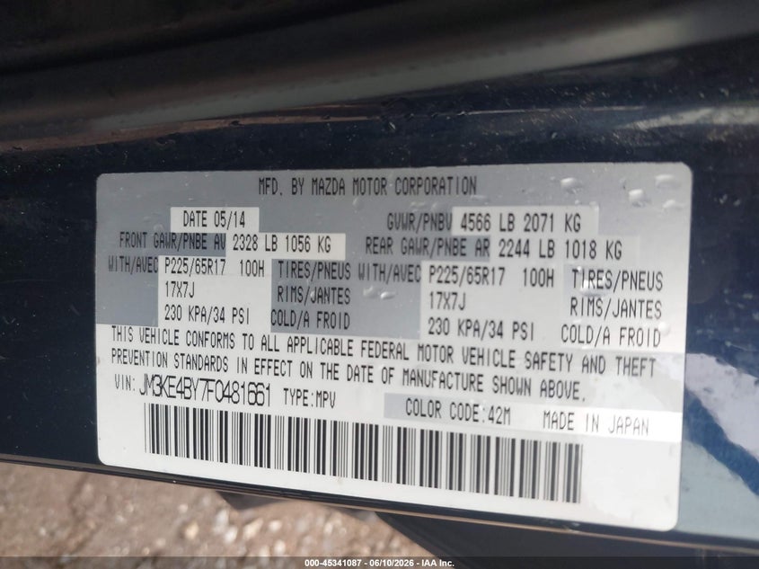 2015 Mazda Cx-5 VIN JM3KE4BY7F0481661 IAAI salvage auction — FRONT END, Salvage (Pennsylvania), sold $2,150 on 2026-07-22 (photo 9)