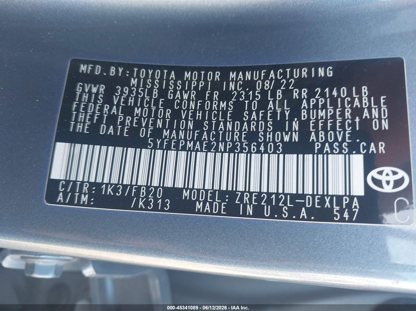 2022 Toyota Corolla VIN 5YFEPMAE2NP356403 IAAI salvage auction — SIDE, Salvage Title, sold $25 on 2026-07-29 (photo 9)