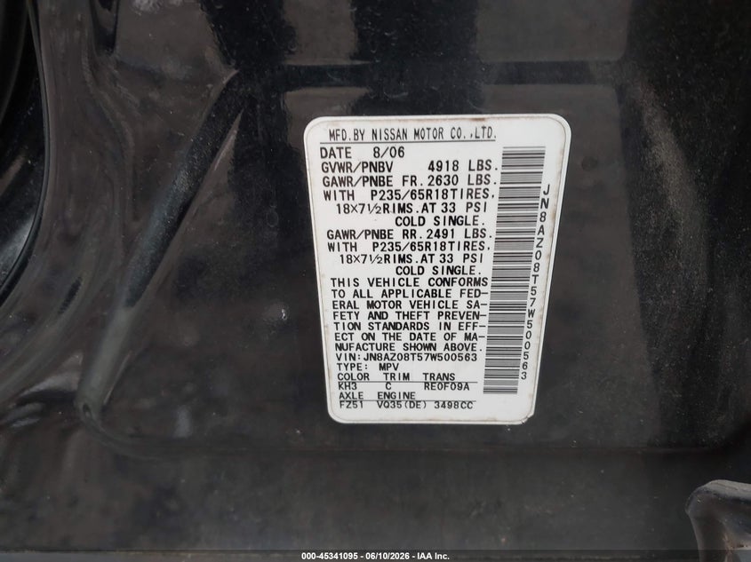 2007 Nissan Murano VIN JN8AZ08T57W500563 IAAI salvage auction — SIDE, Salvage (Georgia), sold $250 on 2026-07-24 (photo 9)