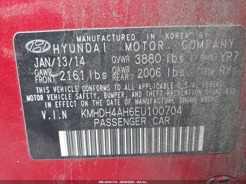 2014 Hyundai Elantra VIN KMHDH4AH6EU100704 IAAI salvage auction — FRONT END, Salvage (Georgia), sold $575 on 2026-07-21 (photo 9)