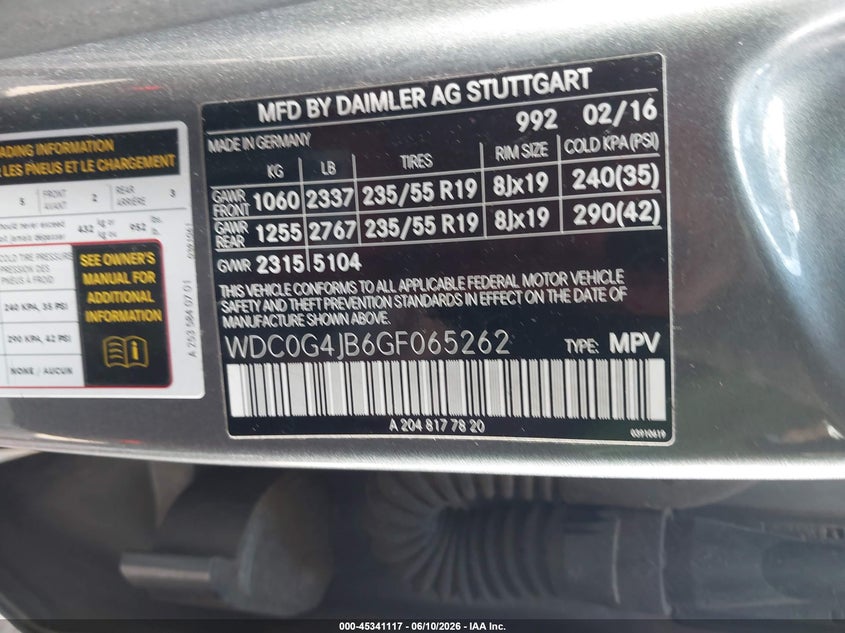 2016 Mercedes-benz Glc VIN WDC0G4JB6GF065262 IAAI salvage auction — FRONT END, Wait Title, sold $3,400 on 2026-08-19 (photo 9)