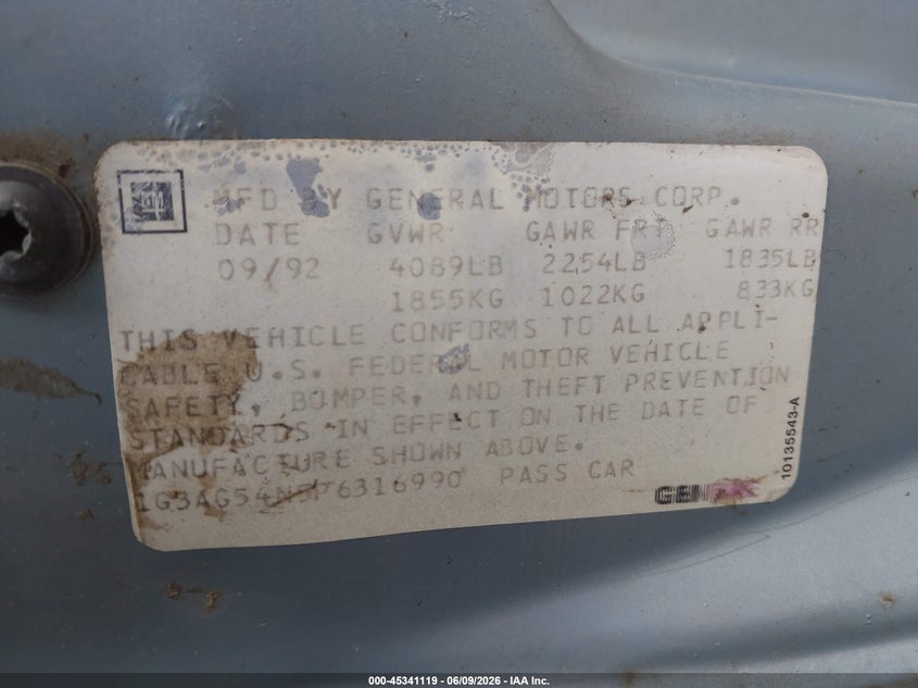 1993 Oldsmobile Cutlass ciera VIN 1G3AG54N5P6316990 IAAI salvage auction — FRONT END, Salvage (Pennsylvania), sold $25 on 2026-07-07 (photo 9)