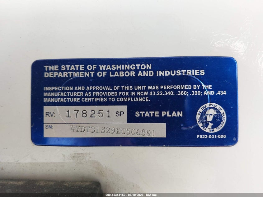 2014 Keystone Cougar VIN 4YDT31S29EC506891 IAAI salvage auction — ROOF, Bill Of Sale (Washington), sold $5,900 on 2026-07-08 (photo 9)