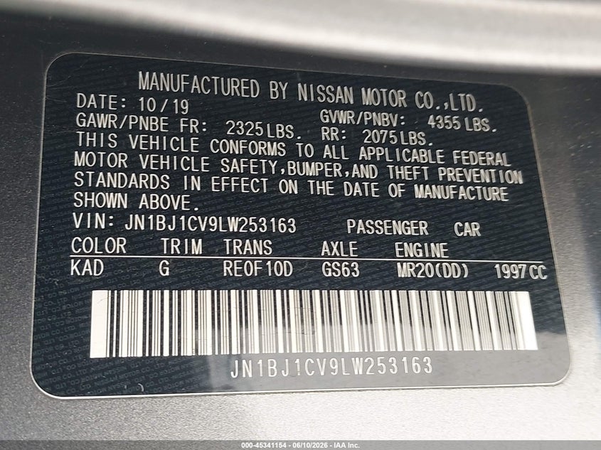 2020 Nissan Rogue VIN JN1BJ1CV9LW253163 IAAI salvage auction — FRONT END, Original (Texas), sold $4,200 on 2026-07-18 (photo 9)