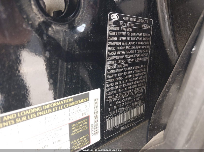 2018 Land rover Range rover velar VIN SALYL2RX6JA773307 IAAI salvage auction — UNKNOWN, Salvage (California), sold $11,100 on 2026-07-10 (photo 9)