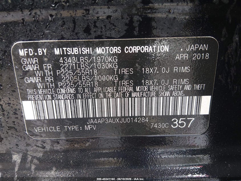 2018 Mitsubishi Outlander VIN JA4AP3AUXJU014284 IAAI salvage auction — FRONT END, Salvage (North Carolina), sold $1,500 on 2026-07-26 (photo 9)
