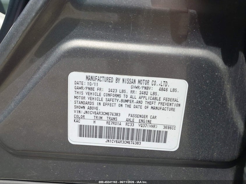 2012 Infiniti G VIN JN1CV6AR3CM674383 IAAI salvage auction — RIGHT FRONT, Salvage Title, sold $25 on 2026-07-29 (photo 9)