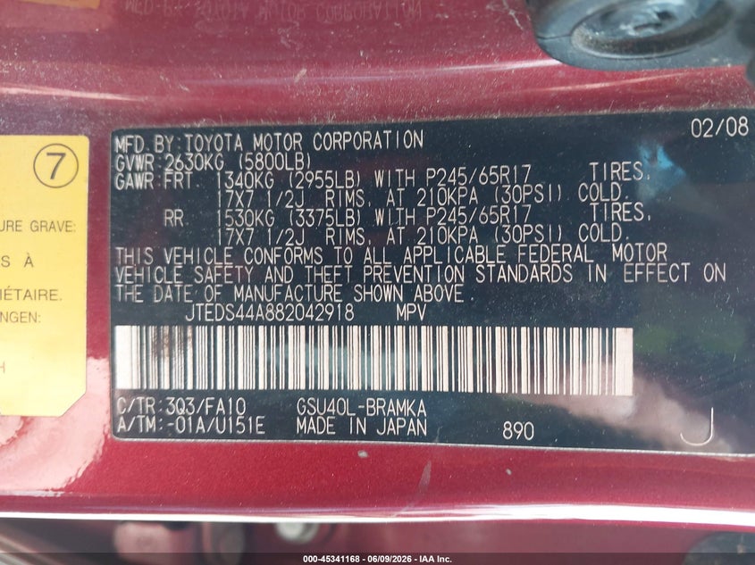2008 Toyota Highlander VIN JTEDS44A882042918 IAAI salvage auction — NORMAL WEAR, Clear (Florida), sold $1,425 on 2026-07-22 (photo 9)