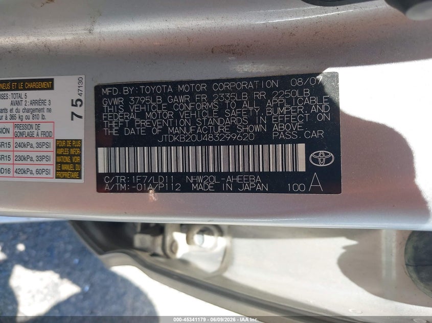 2008 Toyota Prius VIN JTDKB20U483299620 IAAI salvage auction — NORMAL WEAR, Clear - Dealer Only (California), sold $550 on 2026-07-21 (photo 9)