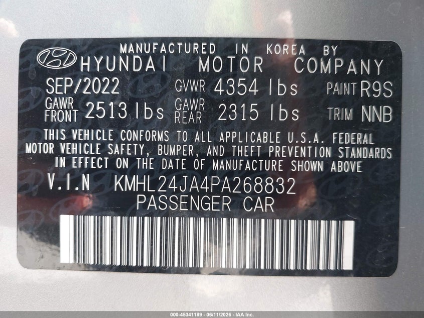 2023 Hyundai Sonata VIN KMHL24JA4PA268832 IAAI salvage auction — LEFT FRONT, Salvage (Michigan), sold $2,950 on 2026-07-27 (photo 9)
