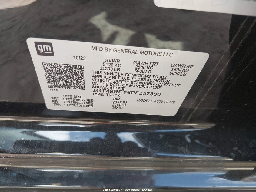 2023 Gmc SIERRA VIN 1GT49REY6PF157890 IAAI salvage auction — FRONT END, Original (Texas), sold $10,100 on 2026-07-29 (photo 9)