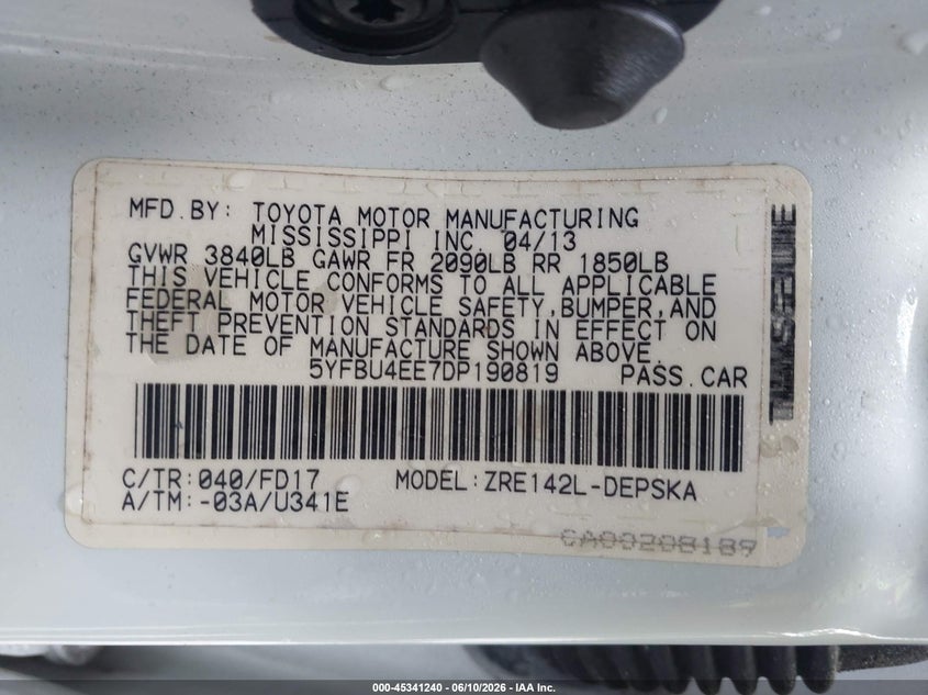 2013 Toyota Corolla VIN 5YFBU4EE7DP190819 IAAI salvage auction — FRONT & REAR, Salvage (Georgia), sold $1,975 on 2026-07-17 (photo 9)