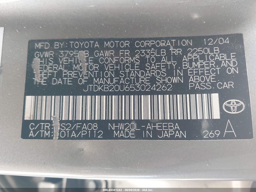 2005 Toyota Prius VIN JTDKB20U653024262 IAAI salvage auction — REAR END, Salvage (California), sold $600 on 2026-07-16 (photo 9)