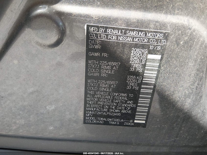 2020 Nissan Rogue VIN KNMAT2MT4LP523495 IAAI salvage auction — FRONT END, Salvage (Tennessee), sold $2,650 on 2026-07-16 (photo 9)
