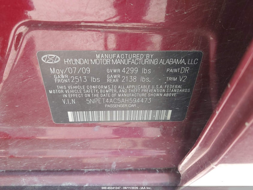 2010 Hyundai Sonata VIN 5NPET4AC5AH594473 IAAI salvage auction — LEFT & RIGHT, Certificate Of Title (Nebraska), sold $25 on 2026-07-23 (photo 9)