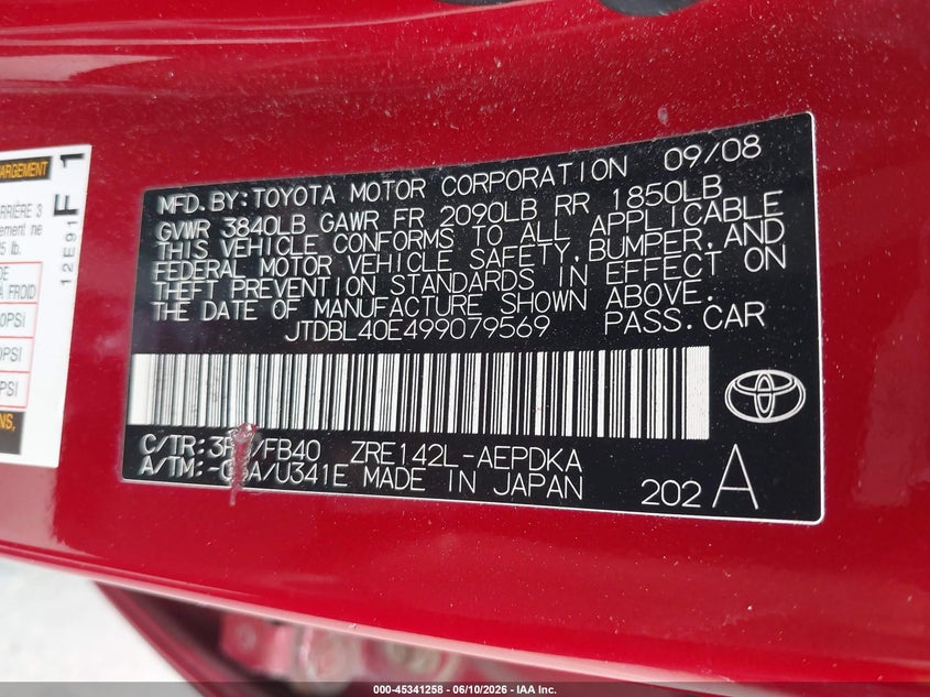2009 Toyota Corolla VIN JTDBL40E499079569 IAAI salvage auction — FRONT END, Salvage-Parts Only (Connecticut), sold $450 on 2026-07-20 (photo 9)