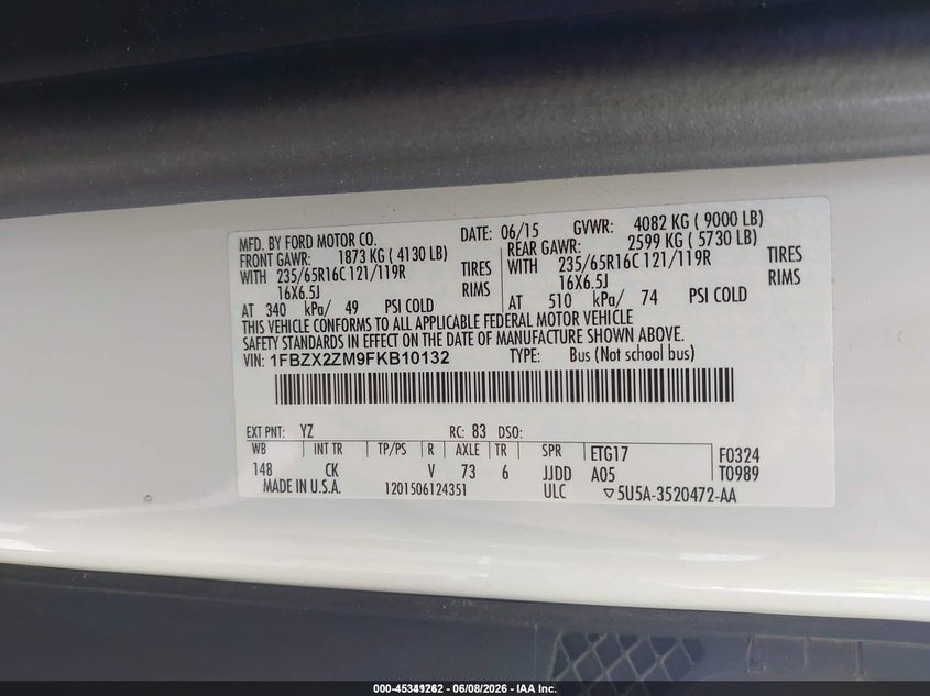 2015 Ford Transit-350 VIN 1FBZX2ZM9FKB10132 IAAI salvage auction — NORMAL WEAR, SF97 (Virginia), sold $23,275 on 2026-07-22 (photo 9)