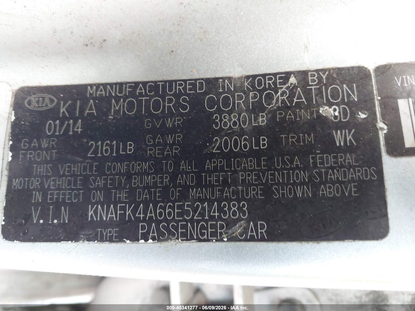 2014 Kia Forte VIN KNAFK4A66E5214383 IAAI salvage auction — NORMAL WEAR, Salvage Title, sold $375 on 2026-07-29 (photo 9)