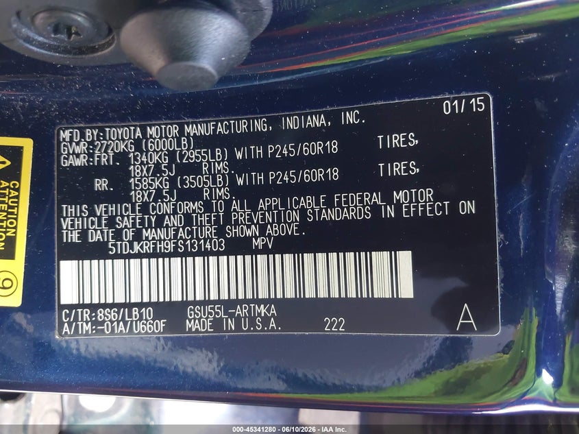 2015 Toyota Highlander VIN 5TDJKRFH9FS131403 IAAI salvage auction — FRONT END, Bill Of Sale (Washington), sold $7,850 on 2026-07-08 (photo 9)