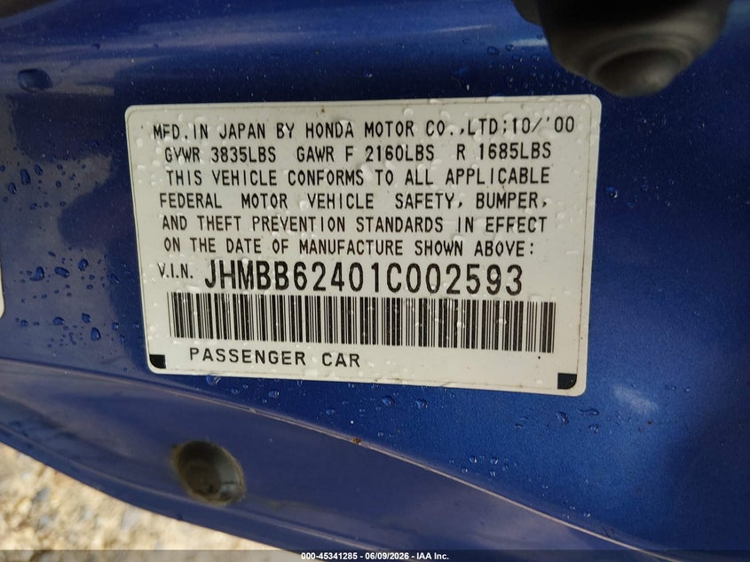 2001 Honda Prelude VIN JHMBB62401C002593 IAAI salvage auction — REAR END, Salvage (South Carolina), sold $550 on 2026-07-22 (photo 9)