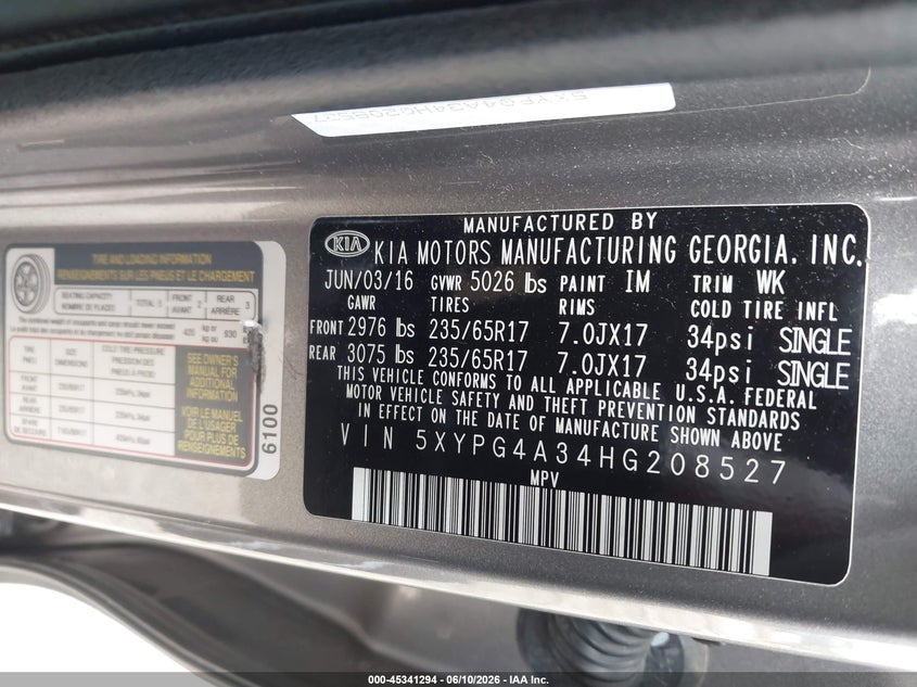 2017 Kia Sorento VIN 5XYPG4A34HG208527 IAAI salvage auction — RIGHT SIDE, Clear (Wisconsin), sold $2,000 on 2026-07-27 (photo 9)