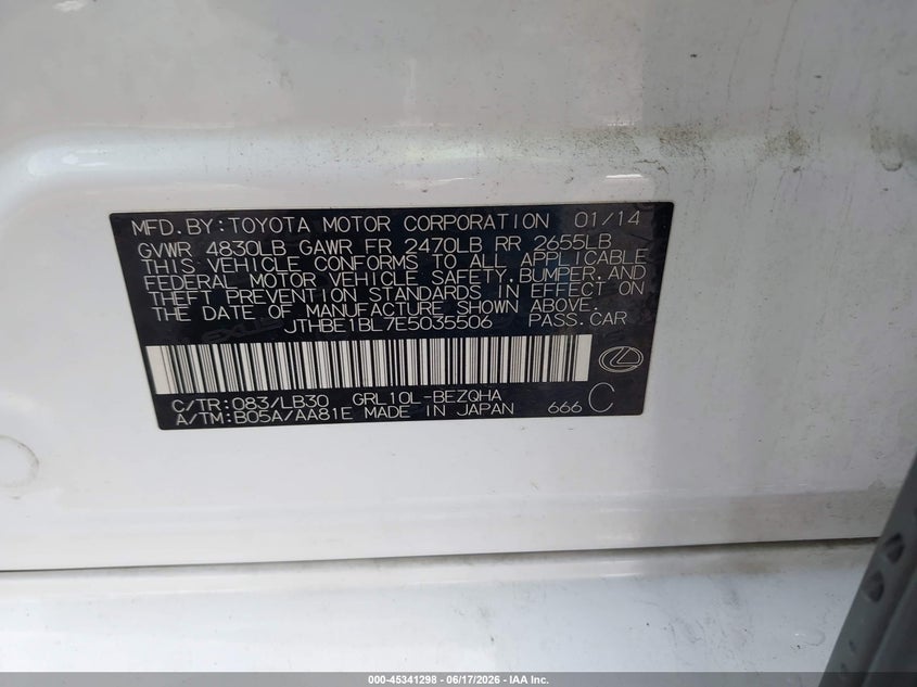 2014 Lexus Gs VIN JTHBE1BL7E5035506 IAAI salvage auction — WATER/FLOOD, Salvage (Texas), sold $3,125 on 2026-07-16 (photo 9)