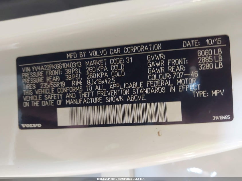 2016 Volvo Xc90 VIN YV4A22PK6G1040313 IAAI salvage auction — FRONT END, Salvage Title, sold $6,200 on 2026-08-20 (photo 9)