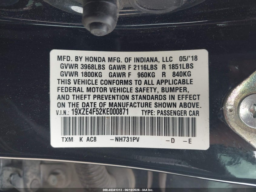2019 Honda Insight VIN 19XZE4F52KE000871 IAAI salvage auction — HAIL, Original (Texas), sold $5,625 on 2026-07-19 (photo 9)