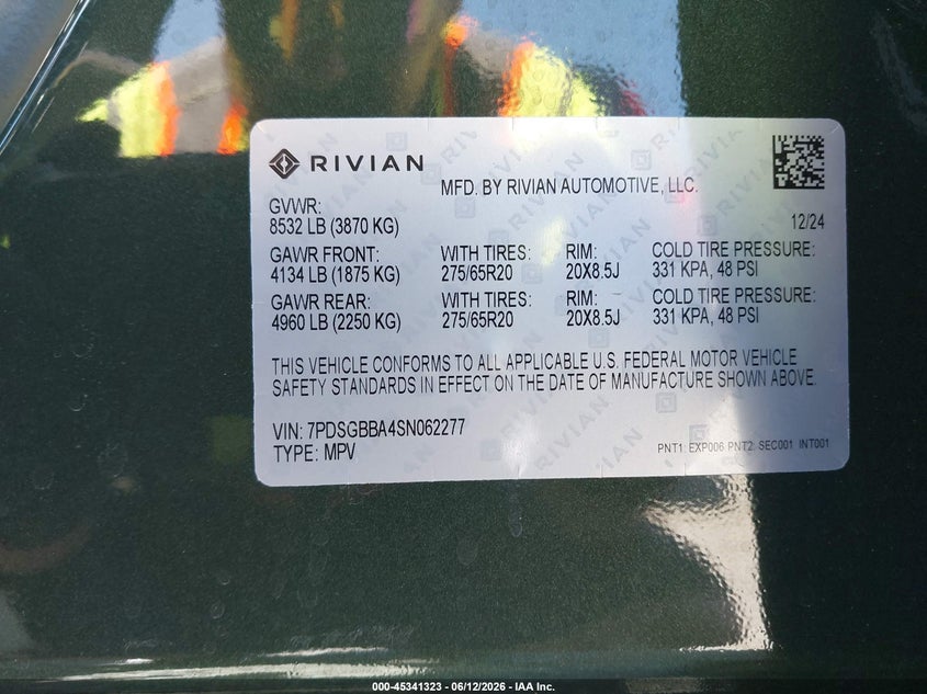 2025 Rivian R1s VIN 7PDSGBBA4SN062277 IAAI salvage auction — FRONT END, Salvage Title, sold $22,100 on 2026-08-12 (photo 9)