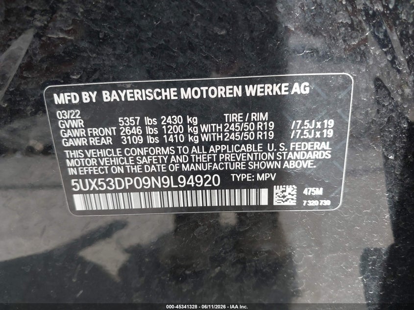 2022 BMW X3 VIN 5UX53DP09N9L94920 IAAI salvage auction — HAIL, Salvage (Ohio), sold $18,050 on 2026-07-07 (photo 9)