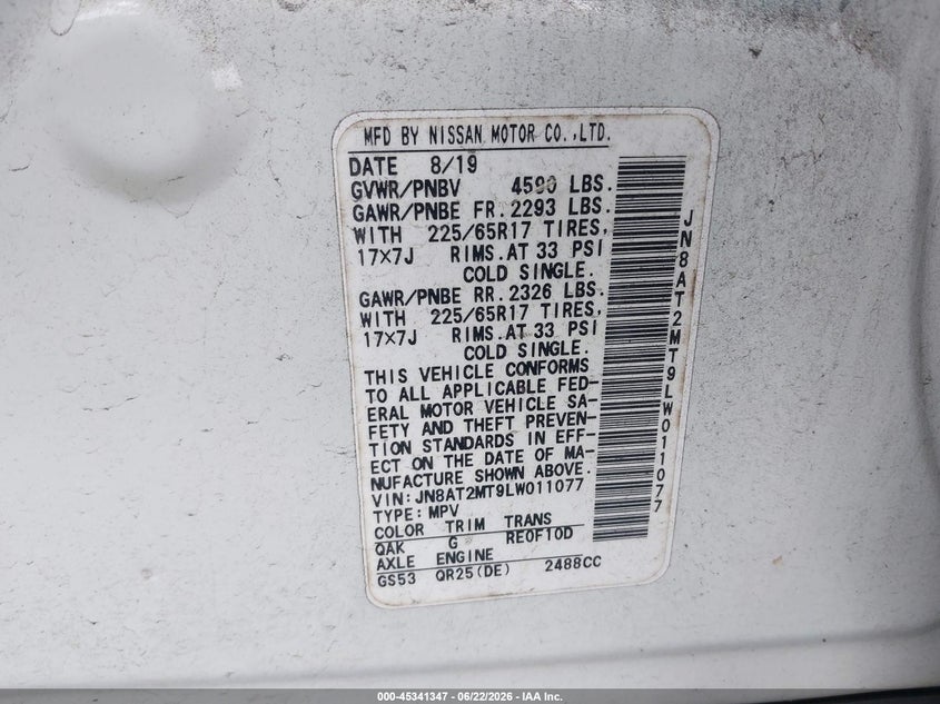 2020 Nissan Rogue VIN JN8AT2MT9LW011077 IAAI salvage auction — RIGHT FRONT, Salvage (Georgia), sold $1,100 on 2026-07-24 (photo 9)