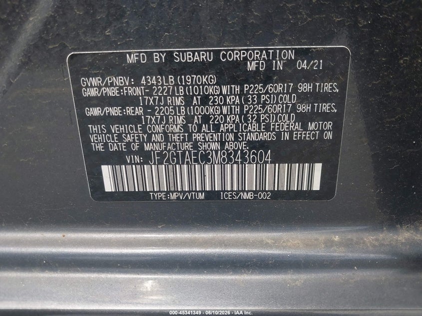 2021 Subaru Xv VIN JF2GTAEC3M8343604 IAAI salvage auction — REAR END, Salvage (Connecticut), sold $3,200 on 2026-07-30 (photo 9)