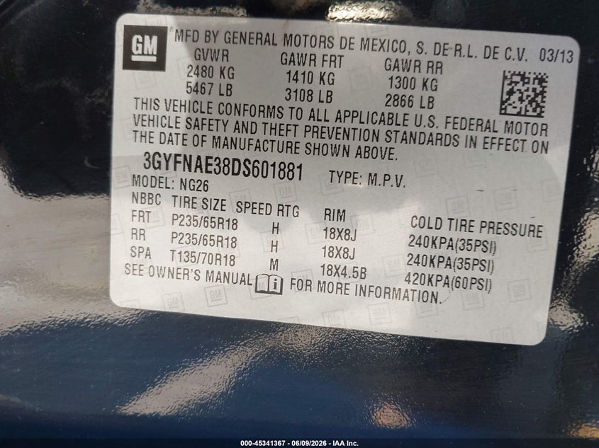 2013 Cadillac Srx VIN 3GYFNAE38DS601881 IAAI salvage auction — UNKNOWN, Salvage Title, sold $550 on 2026-07-09 (photo 9)
