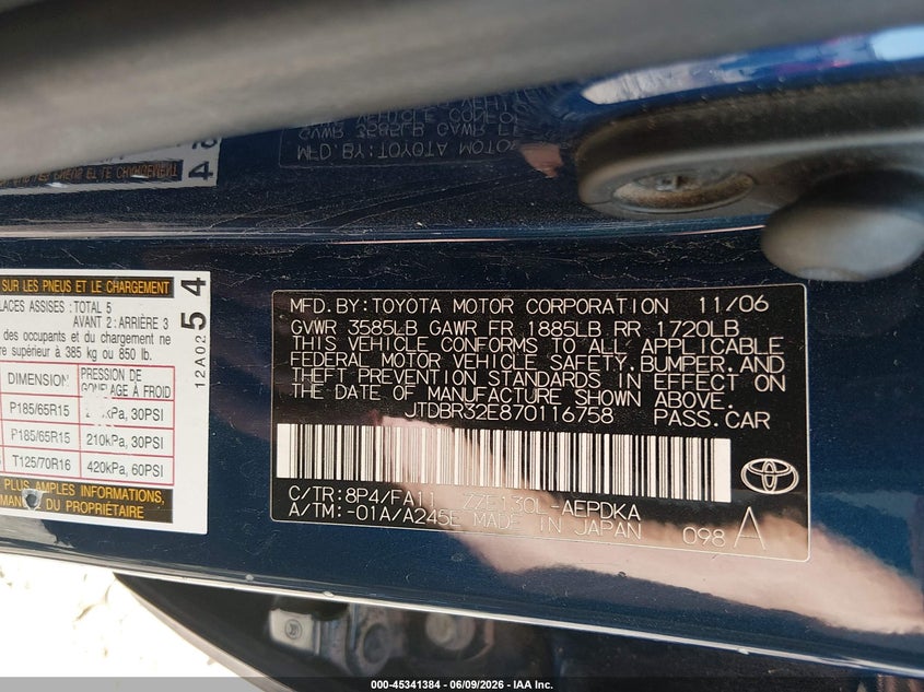 2007 Toyota Corolla VIN JTDBR32E870116758 IAAI salvage auction — FRONT END, Salvage (Texas), sold $450 on 2026-07-09 (photo 9)