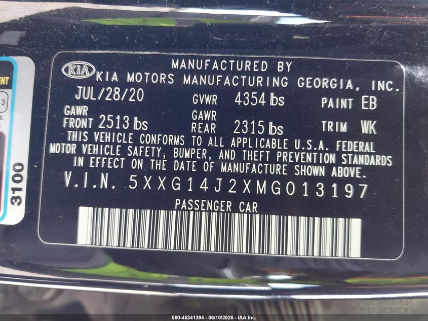 2021 Kia K5 VIN 5XXG14J2XMG013197 IAAI salvage auction — ROLLOVER, Salvage Title, sold $200 on 2026-07-22 (photo 9)