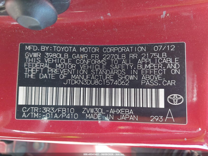 2012 Toyota Prius VIN JTDKN3DU8C1574062 IAAI salvage auction — NORMAL WEAR, Salvage Title, sold $1,000 on 2026-07-21 (photo 9)