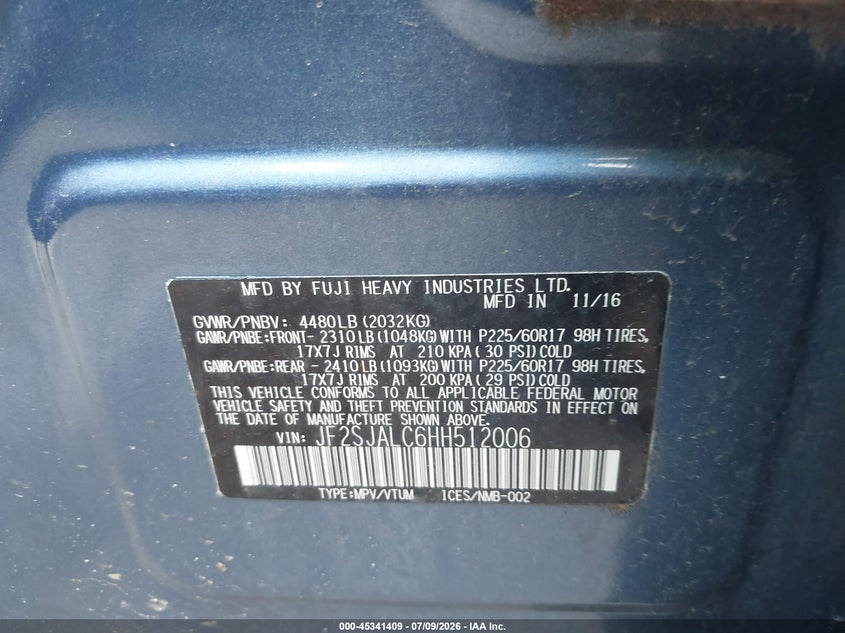 2017 Subaru Forester VIN JF2SJALC6HH512006 IAAI salvage auction — HAIL, Salvage (Ohio), sold $475 on 2026-07-28 (photo 9)