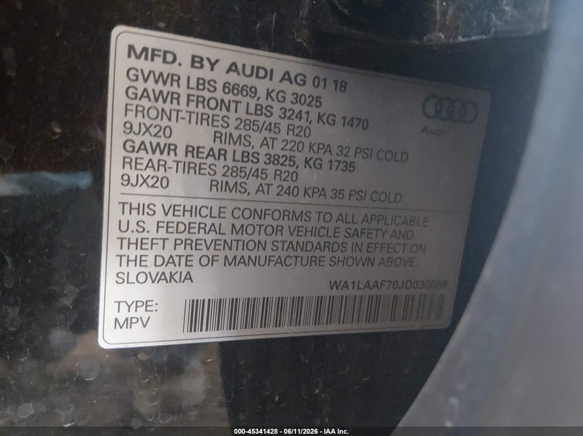 2018 Audi Q7 VIN WA1LAAF70JD030088 IAAI salvage auction — FRONT END, Salvage (Arizona), sold $900 on 2026-07-28 (photo 9)