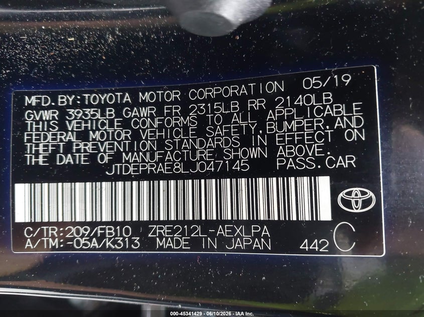 2020 Toyota Corolla VIN JTDEPRAE8LJ047145 IAAI salvage auction — SIDE, Salvage (North Carolina), sold $3,350 on 2026-07-16 (photo 9)