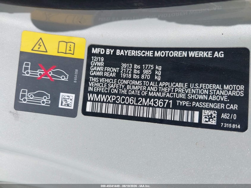 2020 Mini Hard top VIN WMWXP3C06L2M43671 IAAI salvage auction — FRONT END, Salvage Title, sold $3,000 on 2026-08-02 (photo 9)