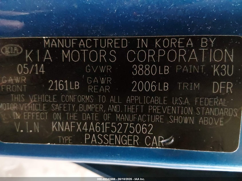 2015 Kia Forte VIN KNAFX4A61F5275062 IAAI salvage auction — FRONT END, Salvage Title, sold $650 on 2026-07-28 (photo 9)
