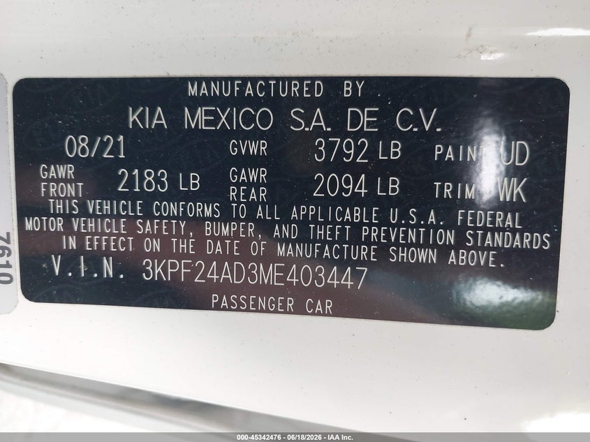2021 Kia Forte VIN 3KPF24AD3ME403447 IAAI salvage auction — RIGHT FRONT, Salvage Title, sold $3,600 on 2026-07-25 (photo 9)