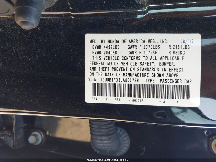 2018 Acura Tlx VIN 19UUB1F33JA006729 IAAI salvage auction — MECHANICAL, Salvage Title, sold $3,200 on 2026-09-11 (photo 9)