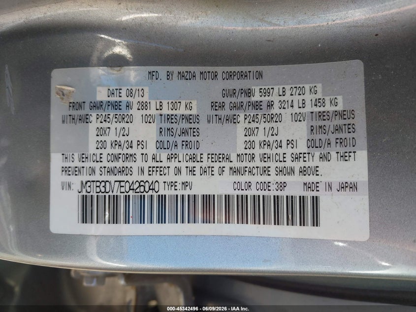 2014 Mazda Cx-9 VIN JM3TB3DV7E0426040 IAAI salvage auction — NORMAL WEAR, Clear (New Jersey), sold $1,125 on 2026-07-22 (photo 9)
