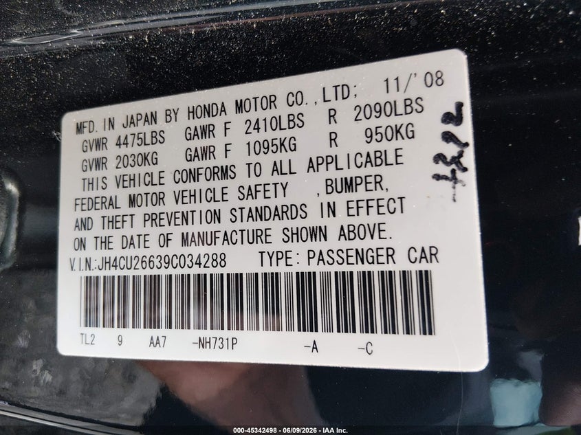 2009 Acura Tsx VIN JH4CU26639C034288 IAAI salvage auction — RIGHT FRONT, Salvage - Greater Than 75% (Maryland), sold $225 on 2026-07-30 (photo 9)