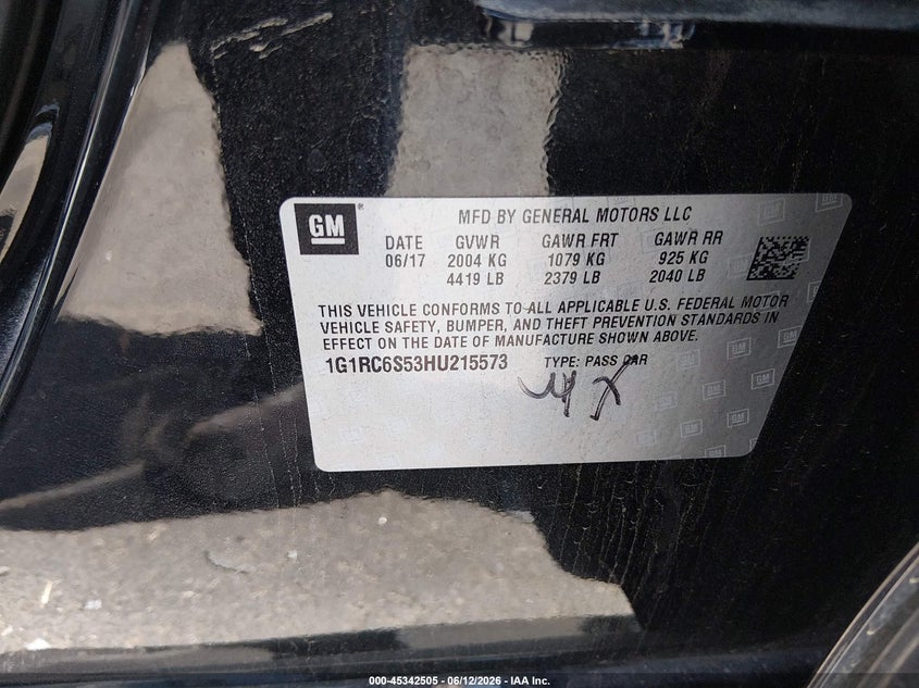 2017 Chevrolet Volt VIN 1G1RC6S53HU215573 IAAI salvage auction — FRONT END, Wait Title, sold $625 on 2026-08-30 (photo 9)