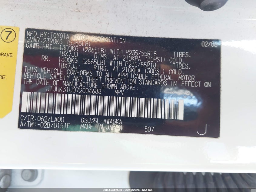 2007 Lexus Rx 350 VIN JTJHK31U072004688 IAAI salvage auction — FRONT END, Salvage (California), sold $1,850 on 2026-07-30 (photo 9)