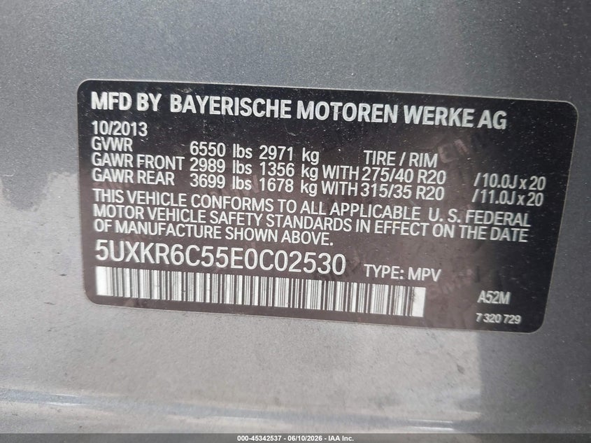 2014 BMW X5 VIN 5UXKR6C55E0C02530 IAAI salvage auction — NORMAL WEAR, Clear (California), sold $4,300 on 2026-07-21 (photo 9)