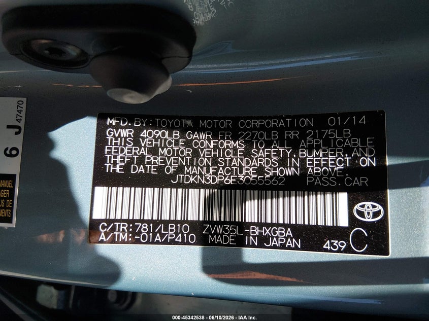2014 Toyota Prius VIN JTDKN3DP6E3055562 IAAI salvage auction — RIGHT SIDE, Salvage Title, sold $1,950 on 2026-07-30 (photo 9)