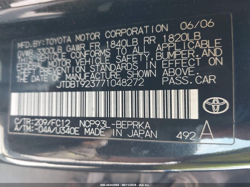 2007 Toyota Yaris VIN JTDBT923771048272 IAAI salvage auction — NORMAL WEAR, Clear (Indiana), sold $375 on 2026-07-22 (photo 9)